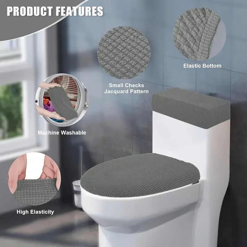 A toilet seat cover set featuring a fleece pattern, elastic bottom, and various covers for a toilet.