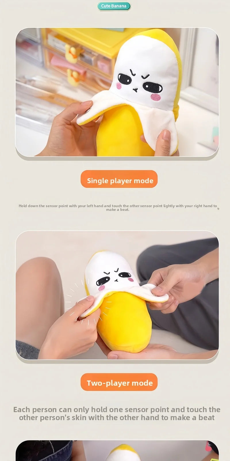A yellow banana-shaped plush toy with a white face is shown in two modes of use for a beat game.