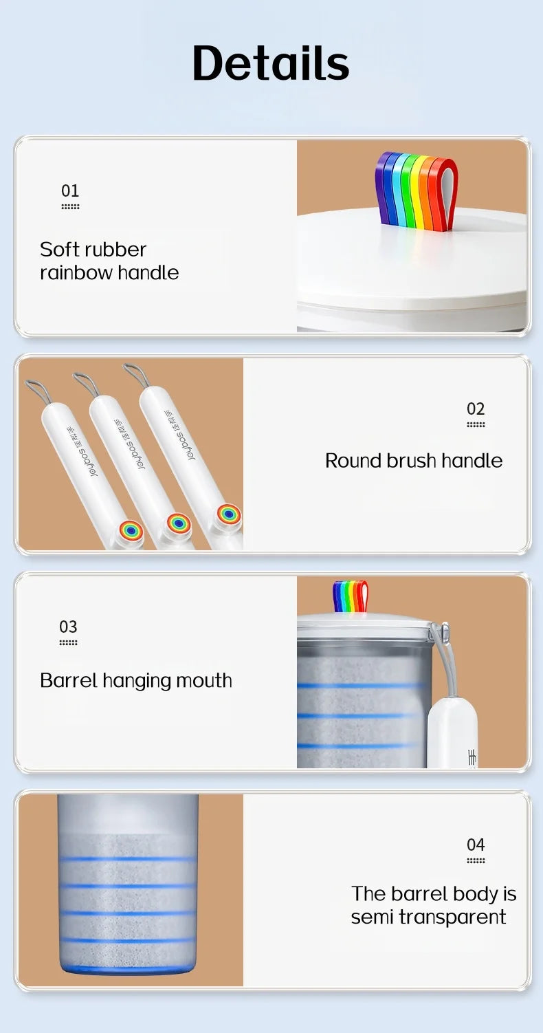 Details of a disposable toilet brush kit showing components like a rainbow handle, round brush handle, barrel mouth, and semi