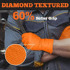 Orange heavy-duty disposable gloves with diamond texture being used to grip a tool.