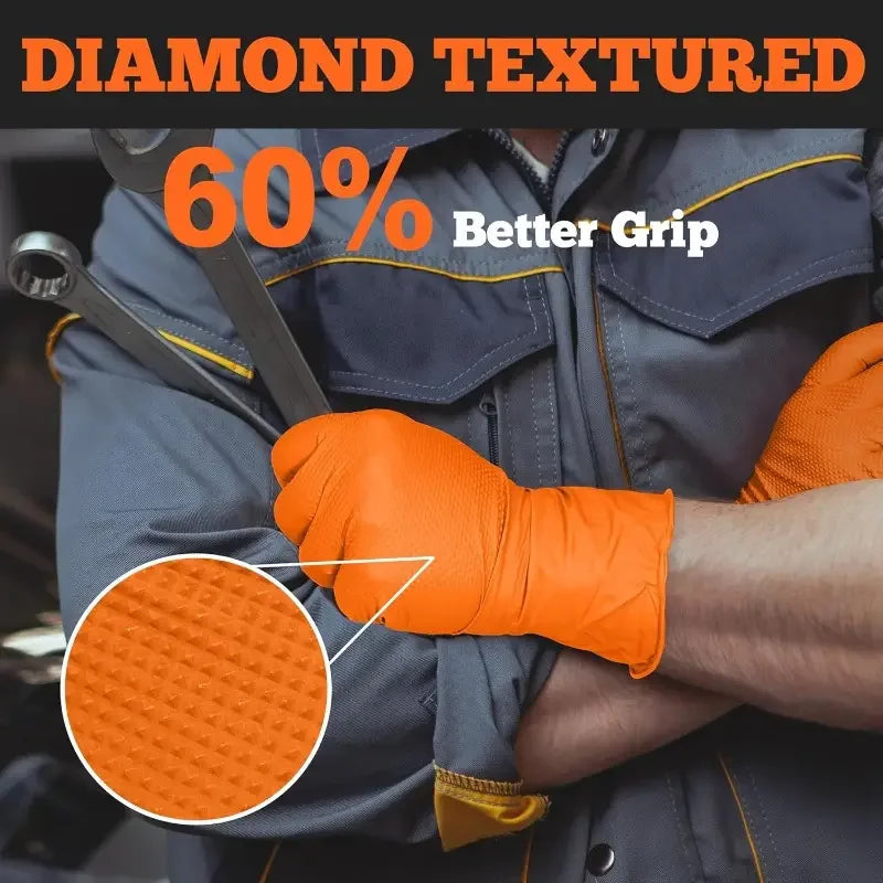 Orange heavy-duty disposable gloves with diamond texture being used to grip a tool.