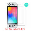A white Nintendo Switch console with a clear screen protector and three glass screen protectors for OLED screens.
