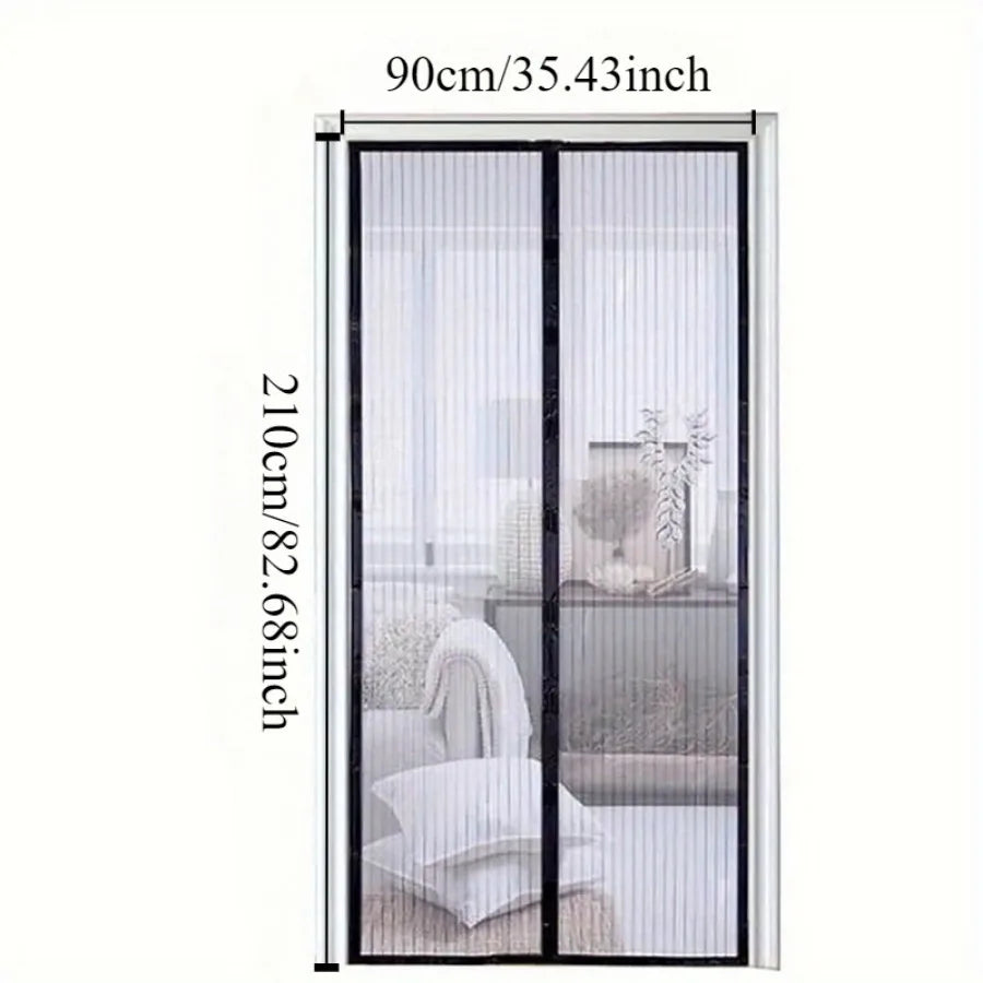 A vertical magnetic screen door with self-sealing mesh, measuring 90cm/35.43inch by 210cm/82.68inch.