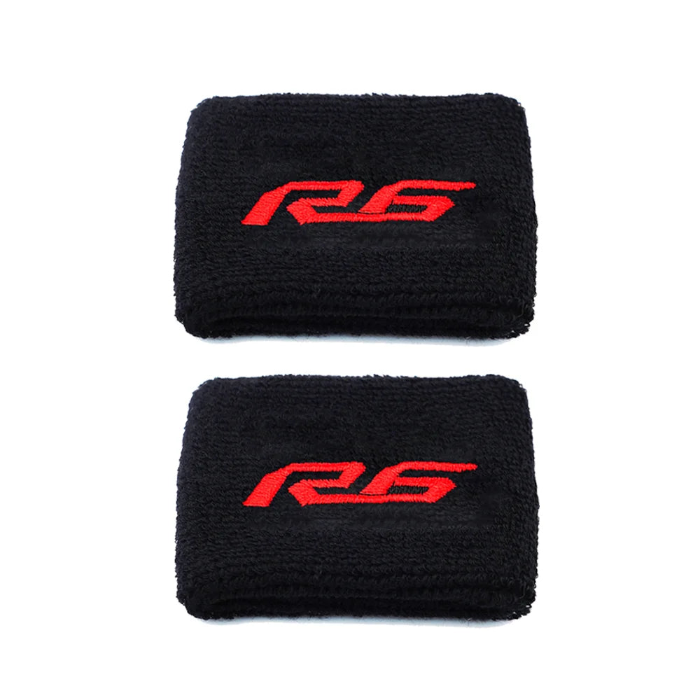 Two black microfiber socks featuring a red R6 logo for a brake fluid reservoir cover.