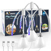 A set of white portable quiet fly repellent fans with black and purple blades shown in a box and individually.