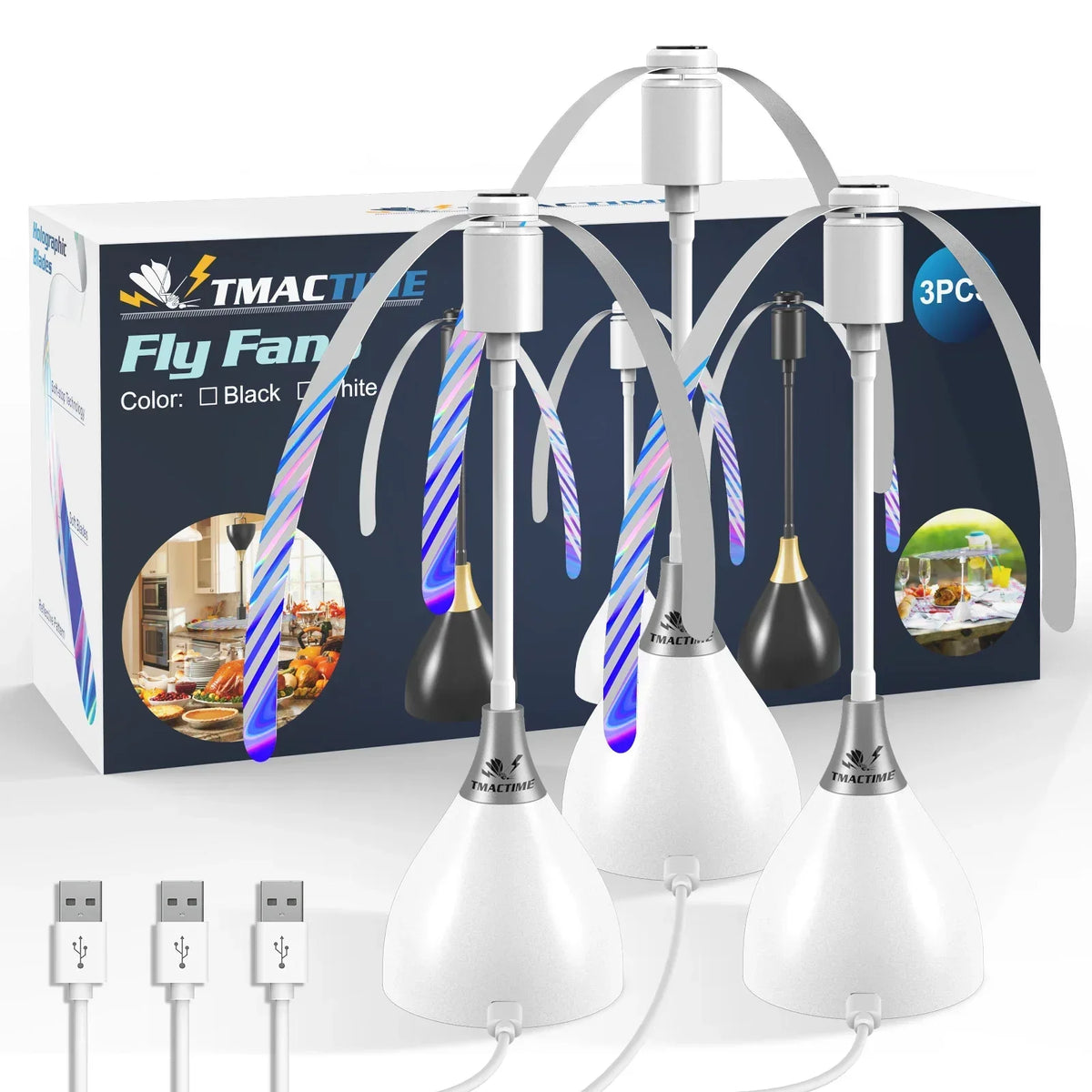 A set of white portable quiet fly repellent fans with black and purple blades shown in a box and individually.