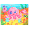 A colorful wooden jigsaw puzzle featuring pink and blue sea creatures in an orange landscape.