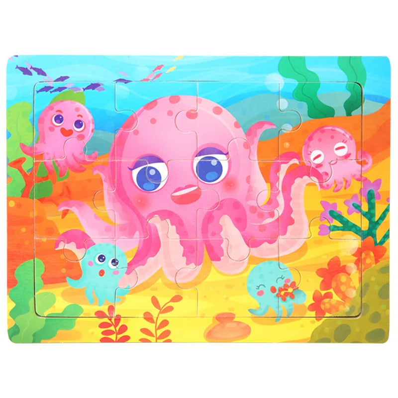 A colorful wooden jigsaw puzzle featuring pink and blue sea creatures in an orange landscape.