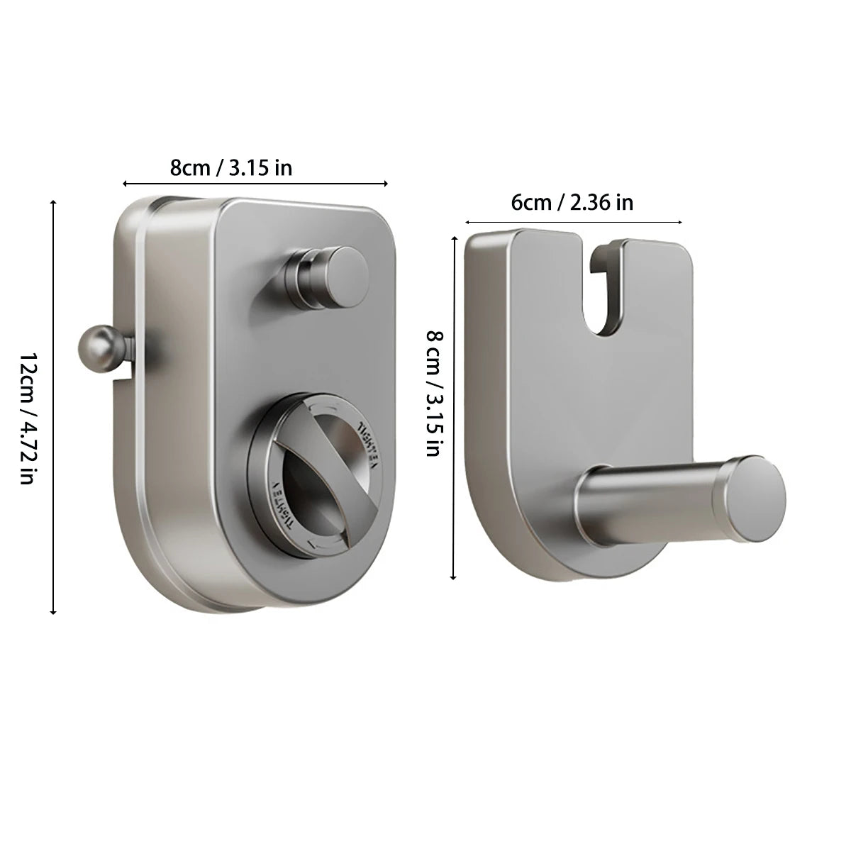 A silver retractable clothesline with an auto-retract locking system shown in two views.