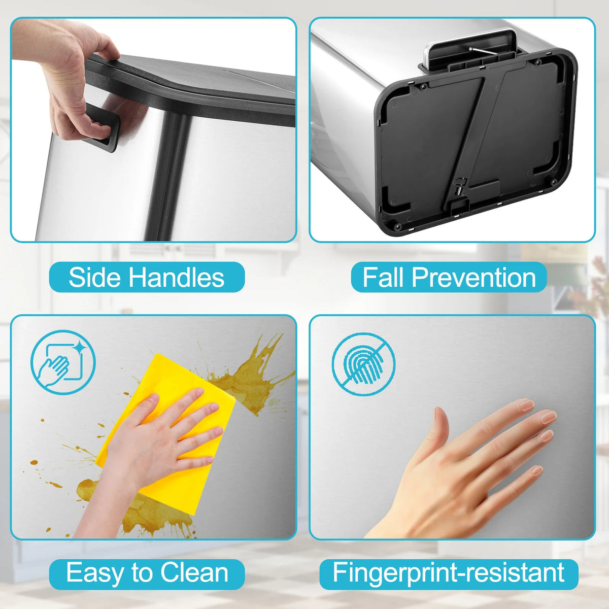 Stainless steel step trash can with side handles, fall prevention features, and fingerprint-resistant surface.