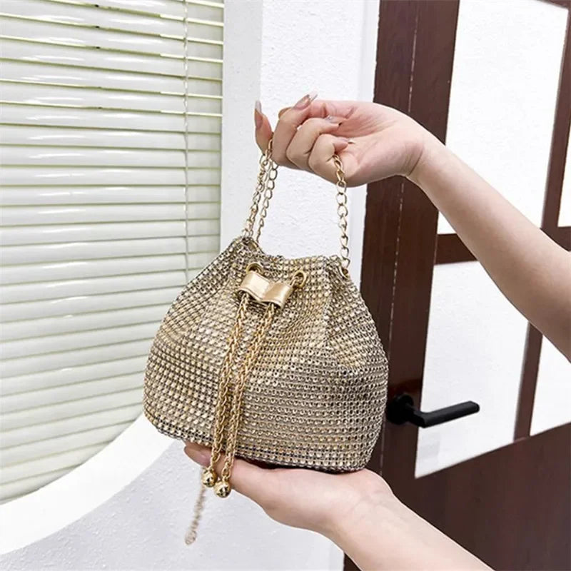 Rhinestone Bucket Crossbody Bag with Detachable Chain Strap