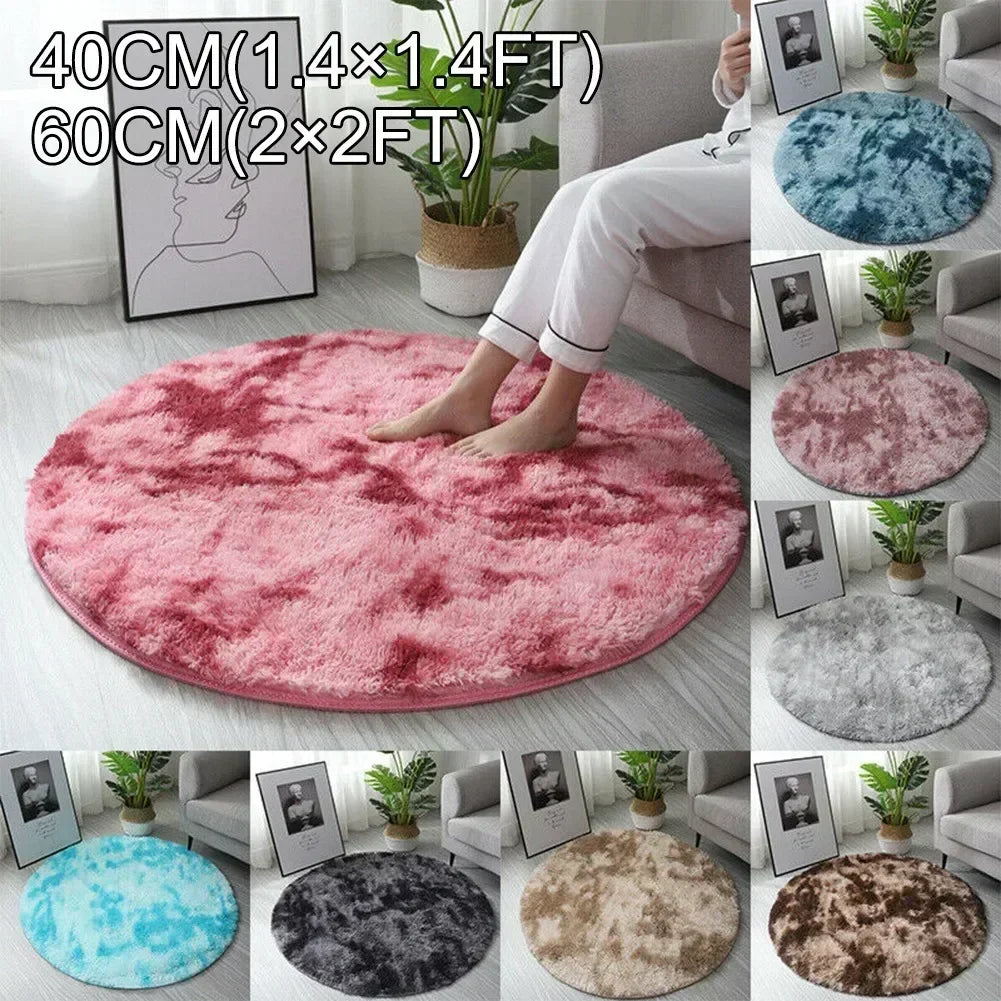 A collection of shaggy circle area rugs in various colors including pink, blue, gray, and brown.