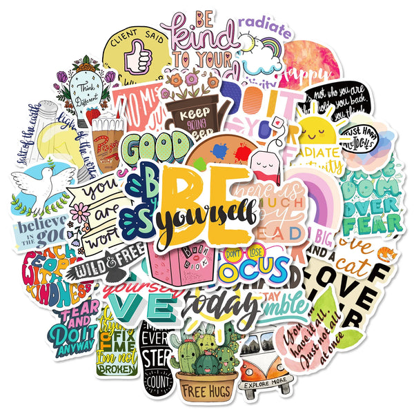 Eine farbenfrohe Sammlung motivierender Vinyl-Sticker mit positiven Affirmationen und ermutigenden Sprüchen.