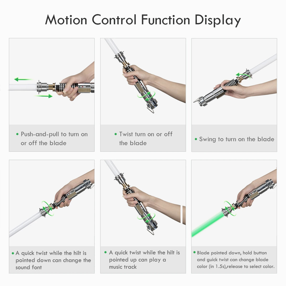 Display showing various motion control functions for a lightsaber including push-and-pull, twist, and swing controls.