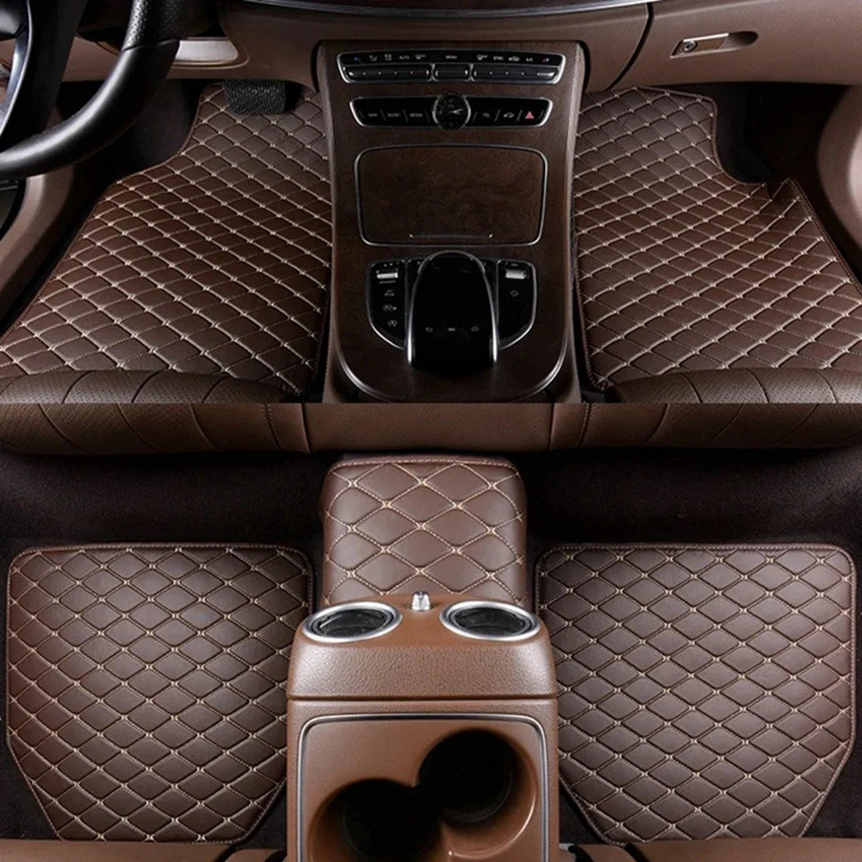 Interior view of a car with brown quilted PU leather floor mats and console.