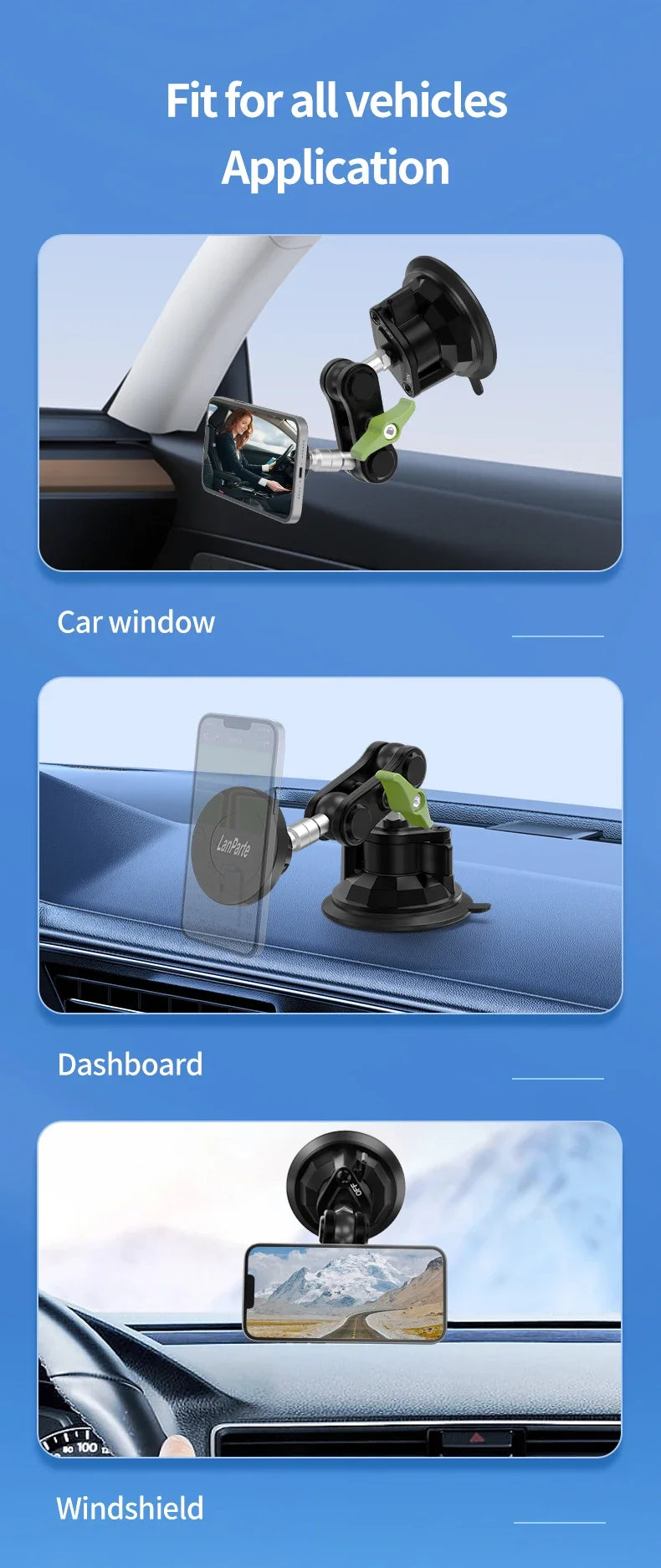 A magnetic car phone mount is shown installed in various vehicle locations including a car window, dashboard, and windshield.