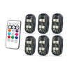A set of eight black LED light bars for car interior ambient lighting, including a remote control.