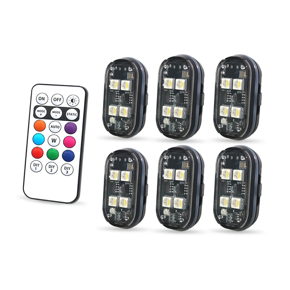 A set of eight black LED light bars for car interior ambient lighting, including a remote control.