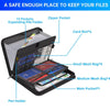 A black document organizer bag showing various compartments including pockets, a zipper pocket, card slots, and mesh bags.
