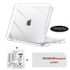 A white laptop with a protective hard shell case and keyboard cover is shown next to its components.