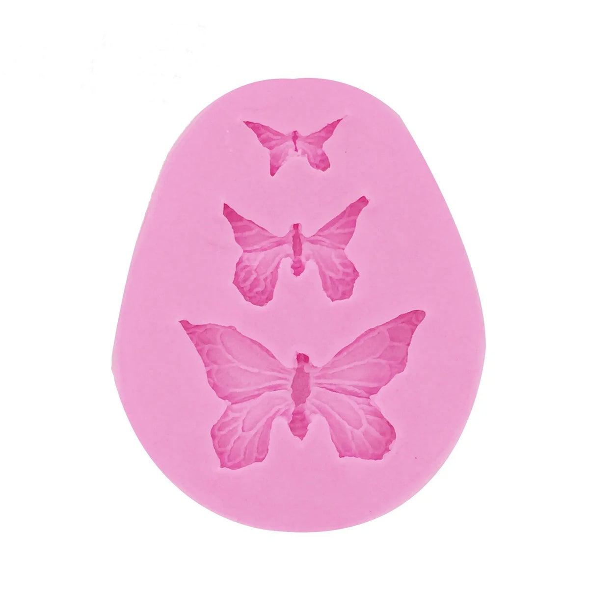 Pink silicone mold shaped like a butterfly for crafting soap, chocolate, or resin.
