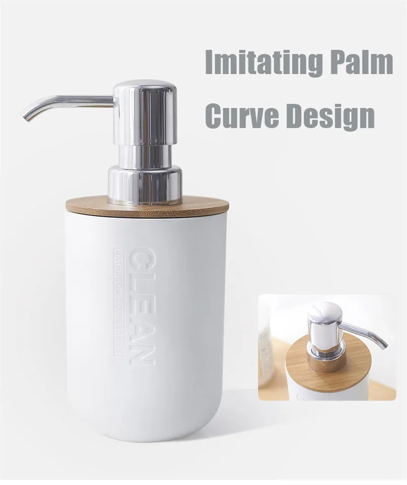 White bathroom soap dispenser with a chrome pump and a bamboo base, imitating a palm curve design.