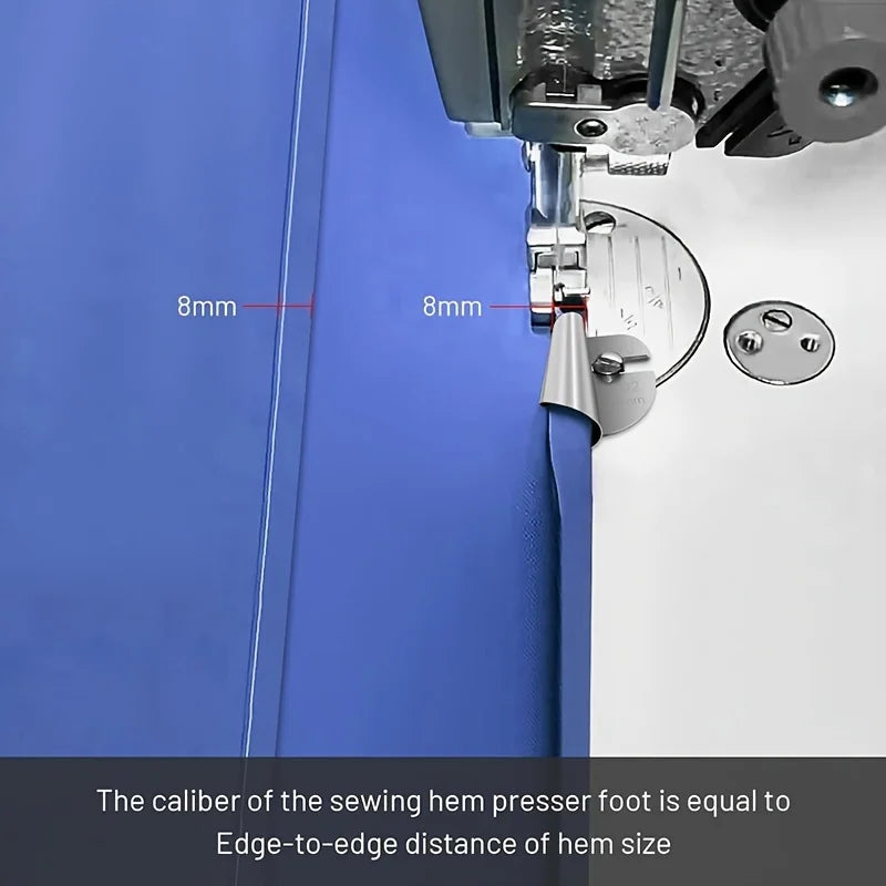 Close-up of a sewing machine presser foot showing an 8mm edge-to-edge distance measurement.
