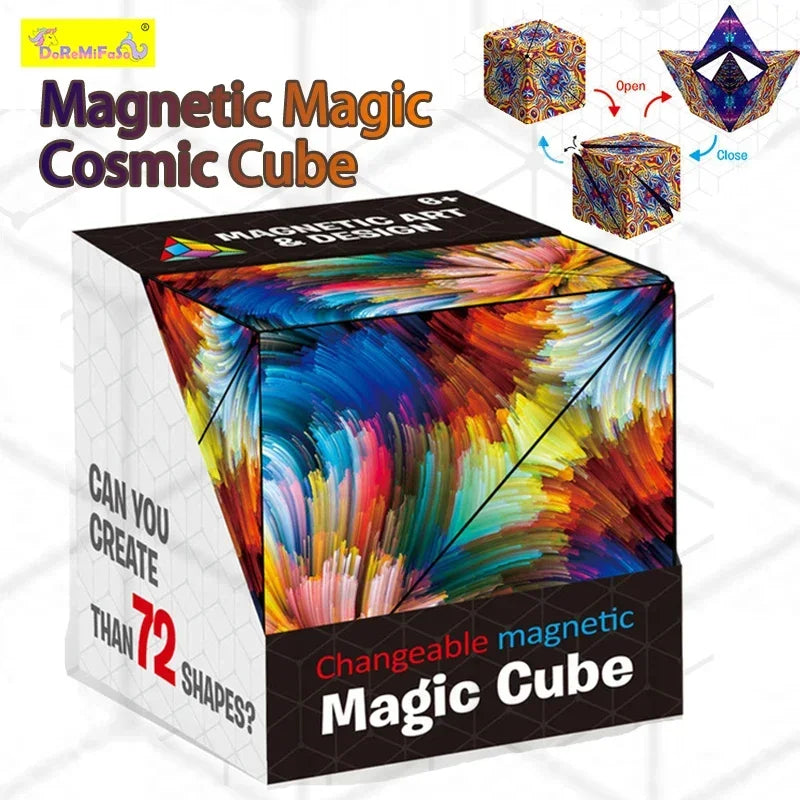 A box of a Magnetic Magic Cosmic Cube showing its colorful 3D cube form and an open/closed view.