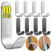 Ten heavy-duty stainless steel self-adhesive wall hooks in various sizes and angles shown with a hand.