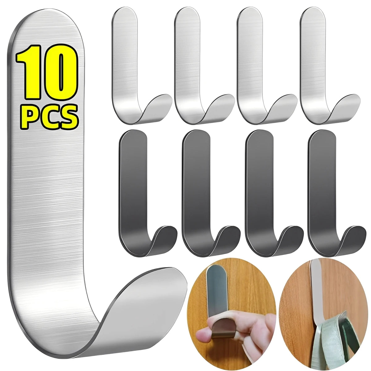 Ten heavy-duty stainless steel self-adhesive wall hooks in various sizes and angles shown with a hand.