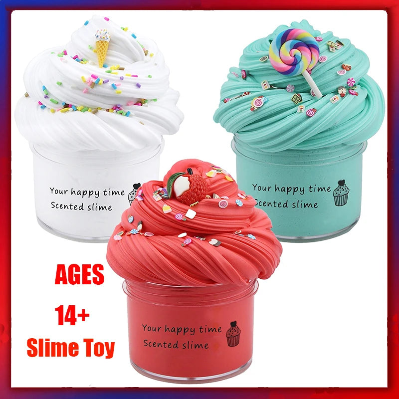 Three jars of scented slime toys in white, teal, and pink with colorful sprinkles on top