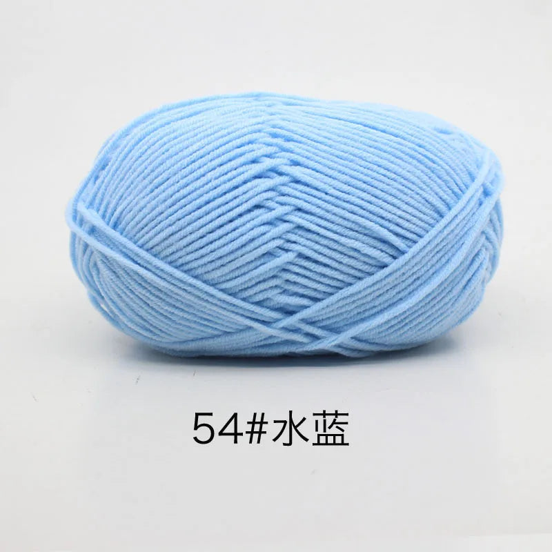 A ball of light blue 54# milk cotton yarn for knitting and crochet.