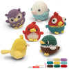 A set of colorful crochet animal amigurumi toys including a purple owl, orange bird, and green bird.