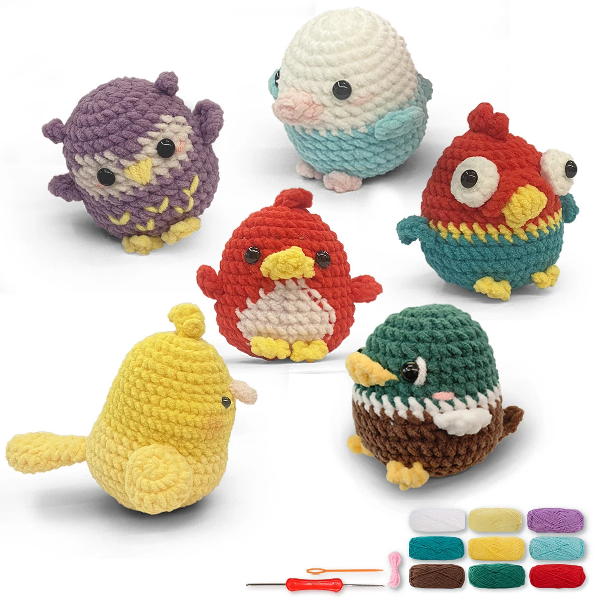 A set of colorful crochet animal amigurumi toys including a purple owl, orange bird, and green bird.