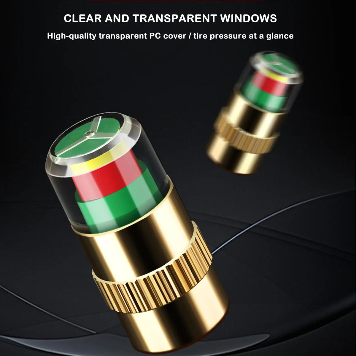 Close-up view of a gold-colored tire pressure indicator valve with clear, color-coded windows showing tire pressure.