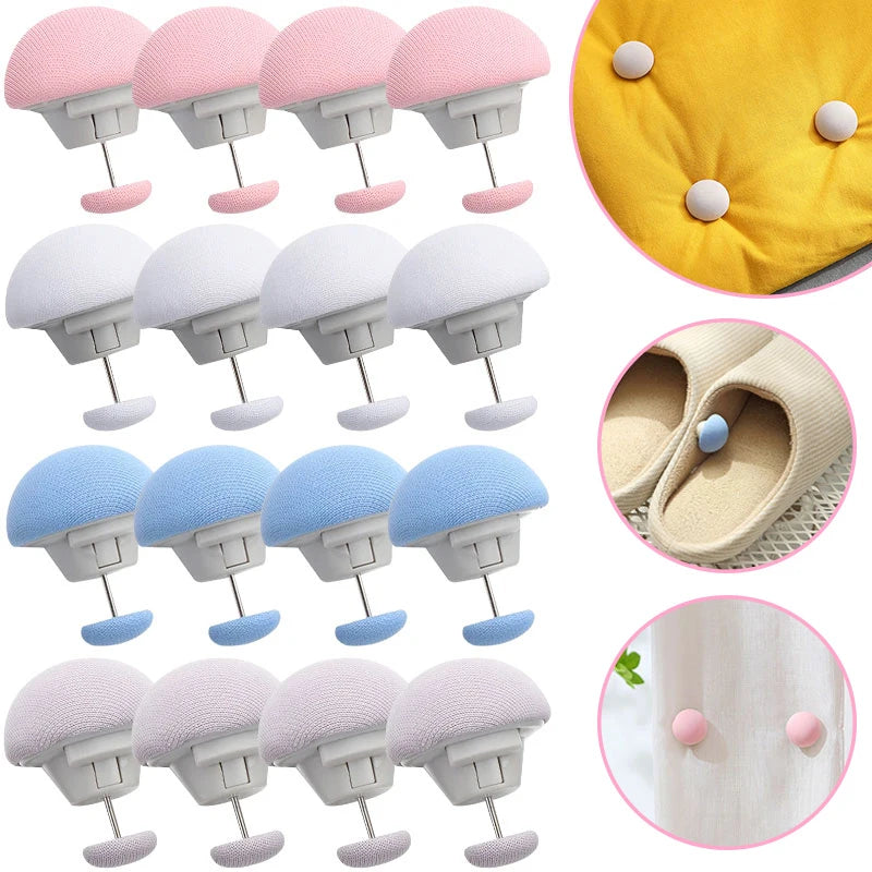 A set of various colored anti-slip bedsheet quilt clips in pink, white, and blue, shown in different angles.