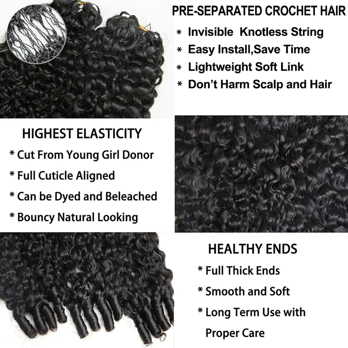 Gros plan sur des extensions de cheveux noirs bouclés montrant différents aspects comme la tresse sans nœud, l'élasticité et 