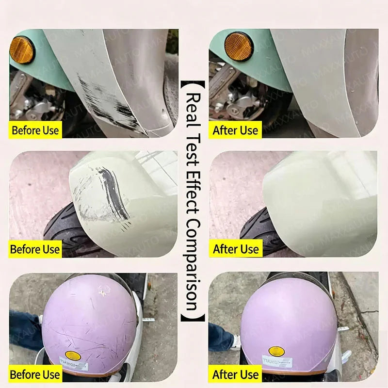Before and after comparison showing the effect of a car scratch remover on auto paint.
