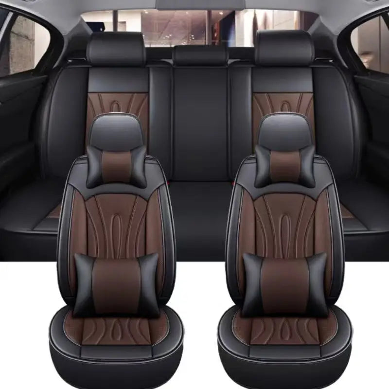 Black and brown full coverage PU leather car seat covers shown in the interior of a vehicle.