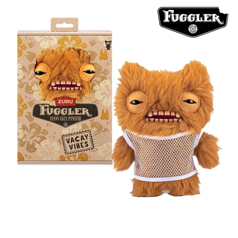 A fluffy orange Fuggler Ugly Monster plush toy with funny teeth and a mesh top.