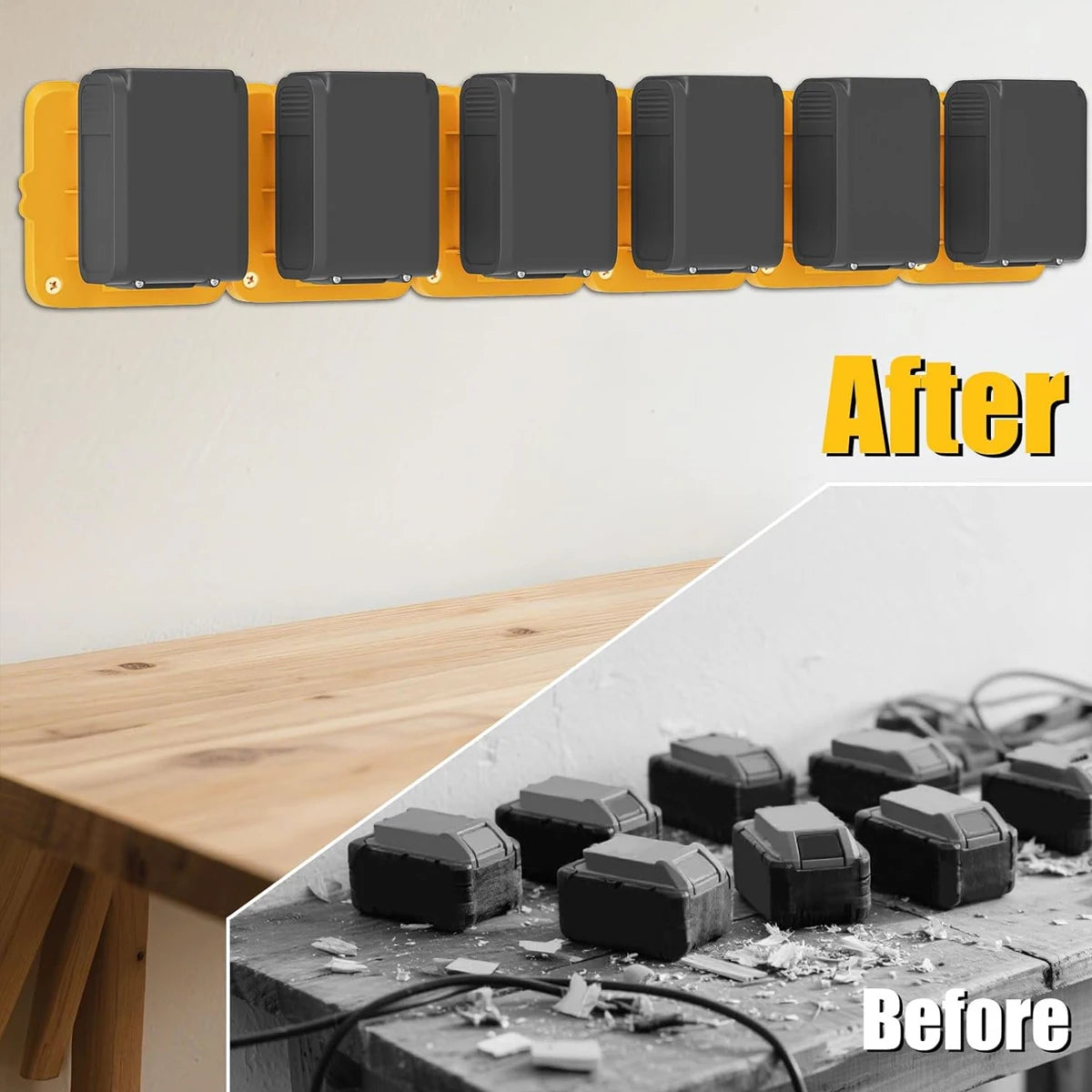 Before and after comparison of a wall mount battery holder for Dewalt 20V DCB200 & DCB203 batteries.