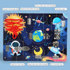 A wooden solar system puzzle featuring various celestial bodies and space equipment like a sun, Earth, moon, and rockets.