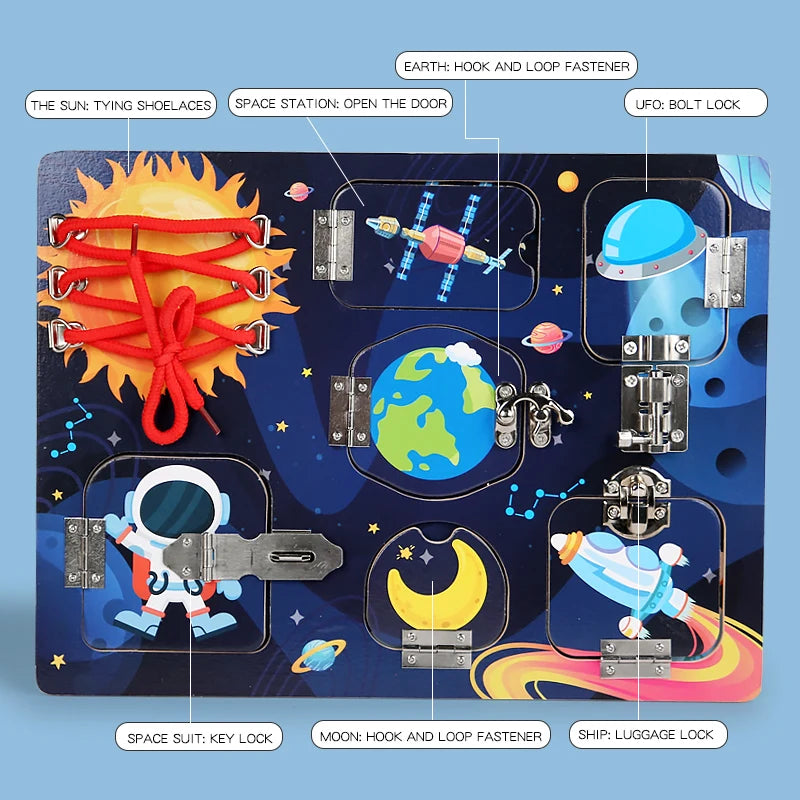 A wooden solar system puzzle featuring various celestial bodies and space equipment like a sun, Earth, moon, and rockets.