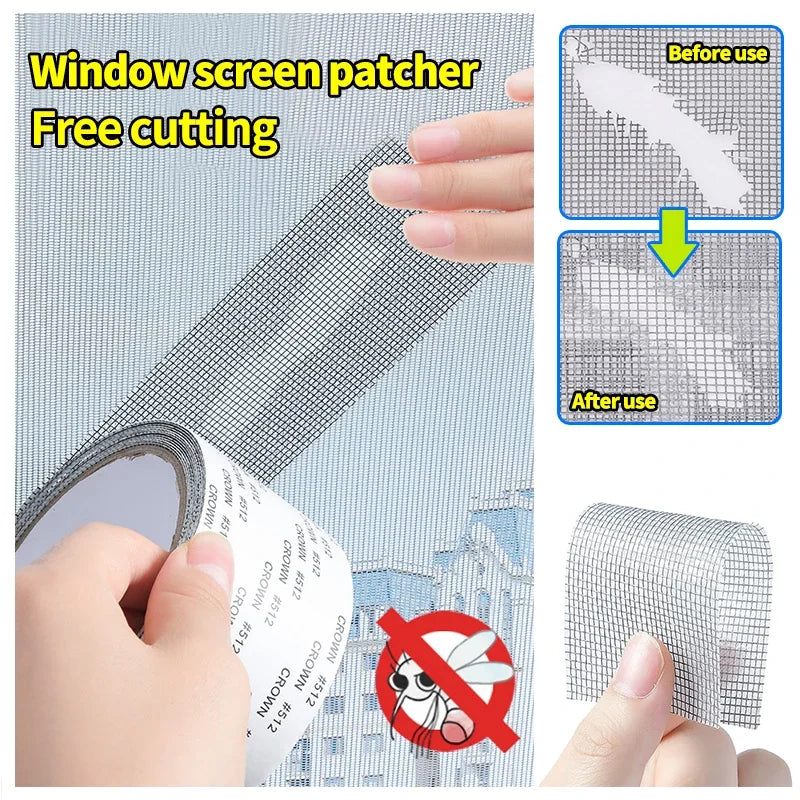 A window screen patcher tool showing how to use a self-adhesive mesh repair patch for windows and screens.