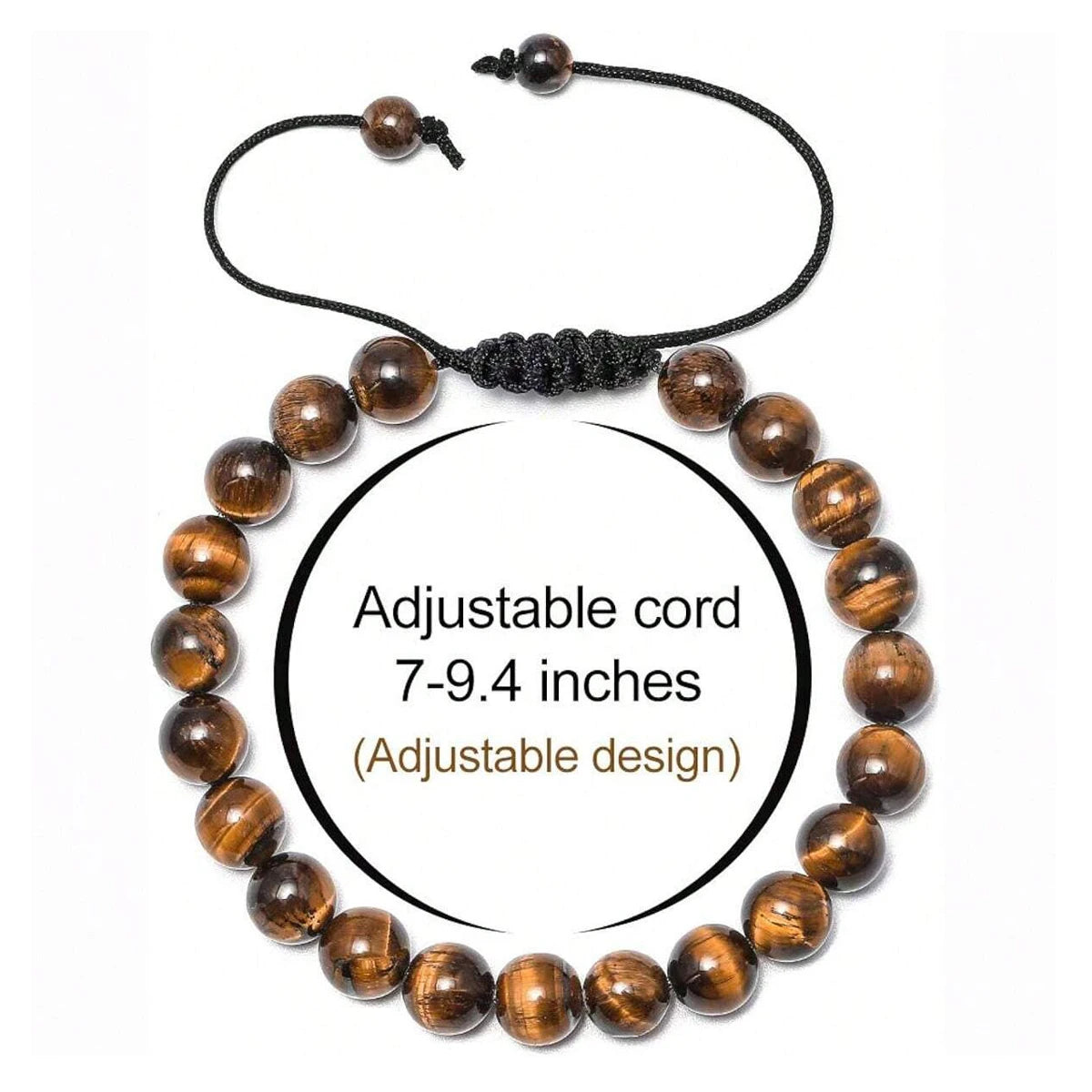 Un set de bracelets en perles de pierre naturelle avec cordon ajustable, mesurant de 7 à 9,4 pouces.