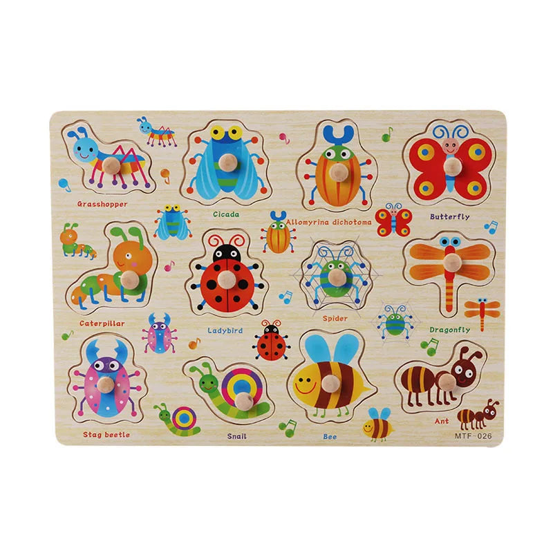 A wooden peg puzzle set featuring various insects and bugs for toddlers learning Montessori concepts.