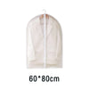 A light beige transparent zippered garment storage bag hanging on a hanger.