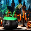 An LED fog-mist Halloween cauldron is shown pouring a green liquid into a bottle, creating a floating potion effect.