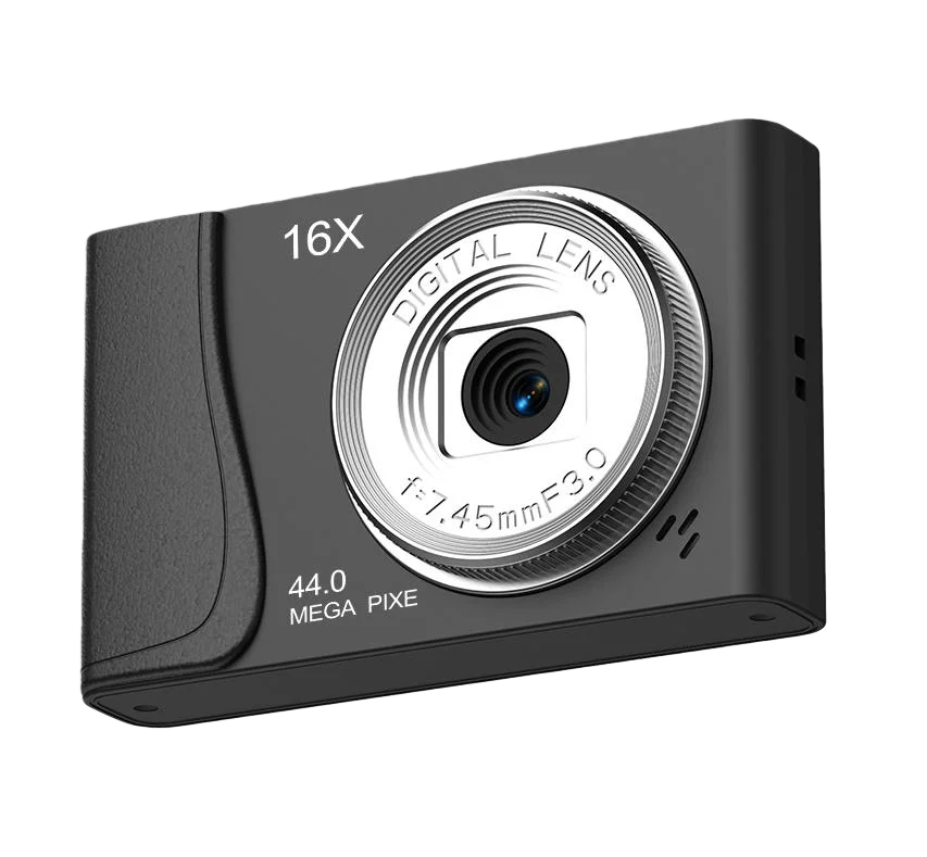 A black compact digital camera with a large lens and specifications like 16X zoom, 44.0 Mega Pixels, and F3.0 aperture.
