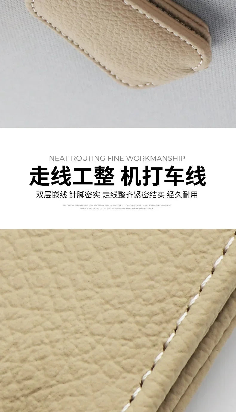 A close-up of a light beige leather routing fine workmanship strap or holder for sunglasses.